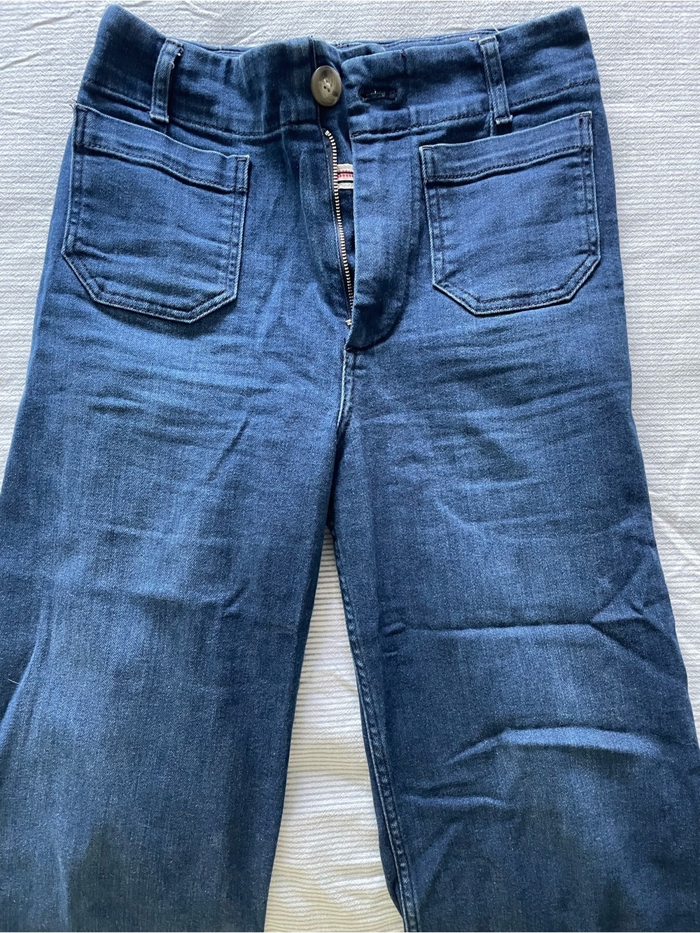 High Waisted Cropped Length Dark Blue Jeans - Wide Leg